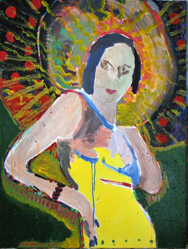 André Wilhelm, Dame mit Hut, Mischtechnik, 90 x 120, 2018