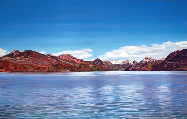 Blick von Tribschen auf Meggenhorn und Rigi, Öl auf Lw, 130 x 204 cm, 2016