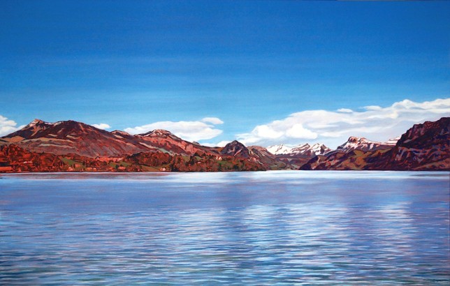 Blick von Tribschen auf Meggenhorn und Rigi, Öl auf Lw, 130 x 204 cm, 2016