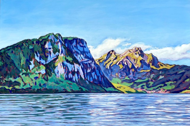 Bürgenstock und Pilatus von Weggis aus, Öl und Acryl auf Lw, 91 x 135 cm, 2022