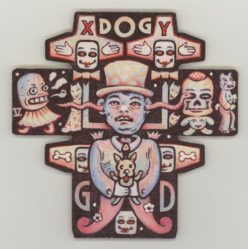 Dog, 2014, Farbstift, Kugelschreiber, Deckweiss auf Maggiwürfelpackungsabwicklung, 16x17cm