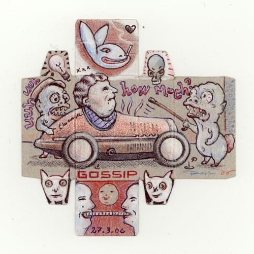 Gossip, 2006, Farbstift, Kugelschreiber,Deckweiss auf Maggiwürfelpackungsabwicklung, 16x17cm