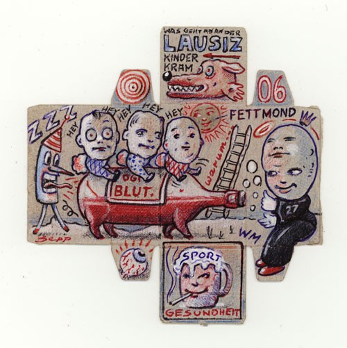 Lausitz, 2006, Farbstift, Kugelschreiber,Deckweiss auf Maggiwürfelpackungsabwicklung, 16x17cm