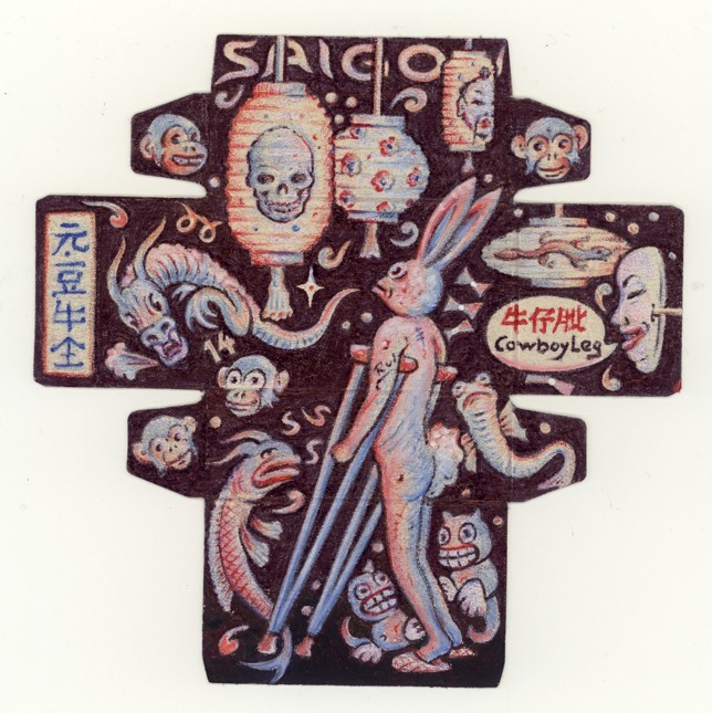 Saigon, 2014, Farbstift Rot/Blau, Kugelschreiber,Deckweiss auf Maggiwürfelpackungsabwicklung, 16x17cm