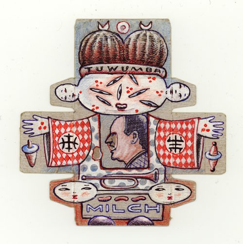 Tuwumba, 2006, Farbstift, Kugelschreiber,Deckweiss auf Maggiwürfelpackungsabwicklung, 17x16cm