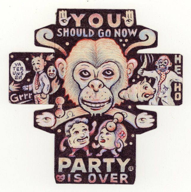 You, 2014, Farbstift Rot/Blau, Kugelschreiber,Deckweiss auf Maggiwürfelpackungsabwicklung, 16x17cm