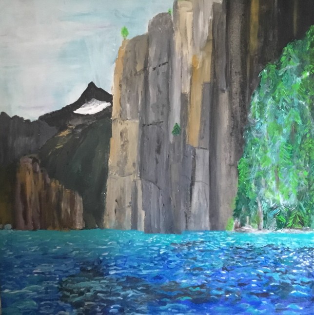 Felsen bei Bauen mit Urirotstock, Acryl, 90 x 110, 2018