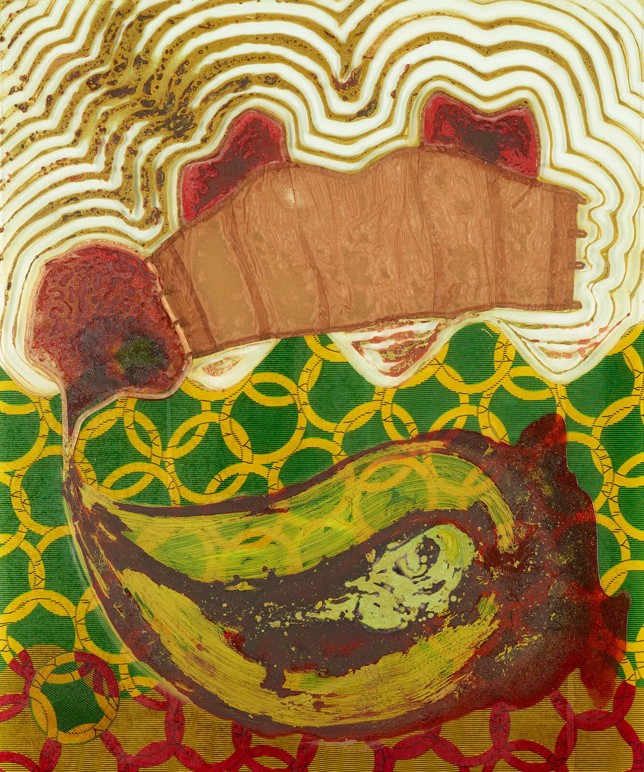 Le dialogue Sénégalais, Öl, Holzlasur und Stoff auf und hinter Glas, 120 × 100 cm, 2019
