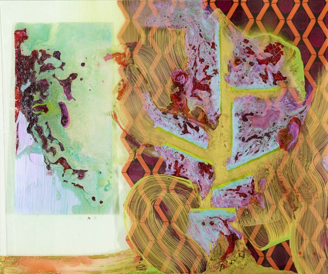 Différent points de vue sur les esprits des arbres, Öl und Holzlasur auf Gals; Stoff hinter Glas, 100 × 120 cm, 2019