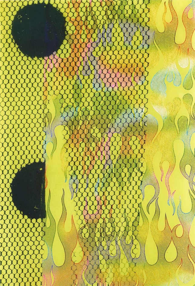 Ohne Titel, Siebdruck auf Glas; Stoff hinter Glas, 35 × 24 cm, 2018