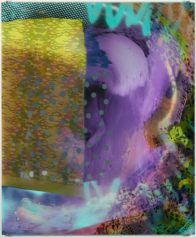 Sommerkollektion 8, Öl und Spray auf Glas; Öl, Kunstharz, Siebdruck und Stoff hinter Glas 120 × 100 cm, 2017