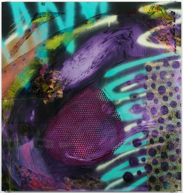 Sommerkollektion 10, Öl, Kunstharz, Spray und Stoff hinter Glas, 105 × 100 cm, 2017