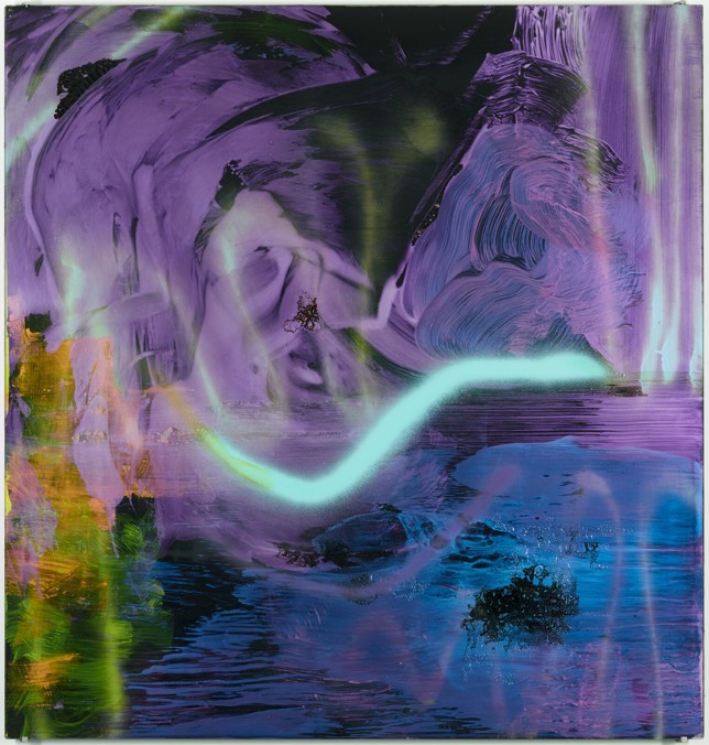 Sommerkollektion 14, Spray auf Glas; Öl, Kunstharz und Spray hinter Glas, 105 × 100 cm, 2017