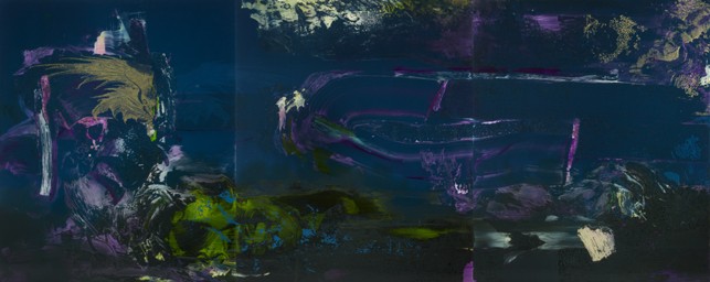 Le petit cauchemar 26, Öl und Siebdruck auf Glas, Öl, Kunstharz und Siebdruck hinter Glas, 3-teilig, 120 × 300 cm, 2016
